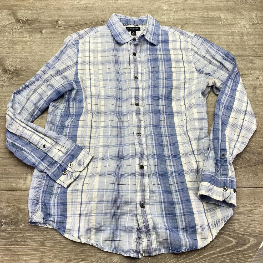 Banana Republic Shirt Mens‎ Medium Blue Plaid Linen Long Sleeve Button Up Casual